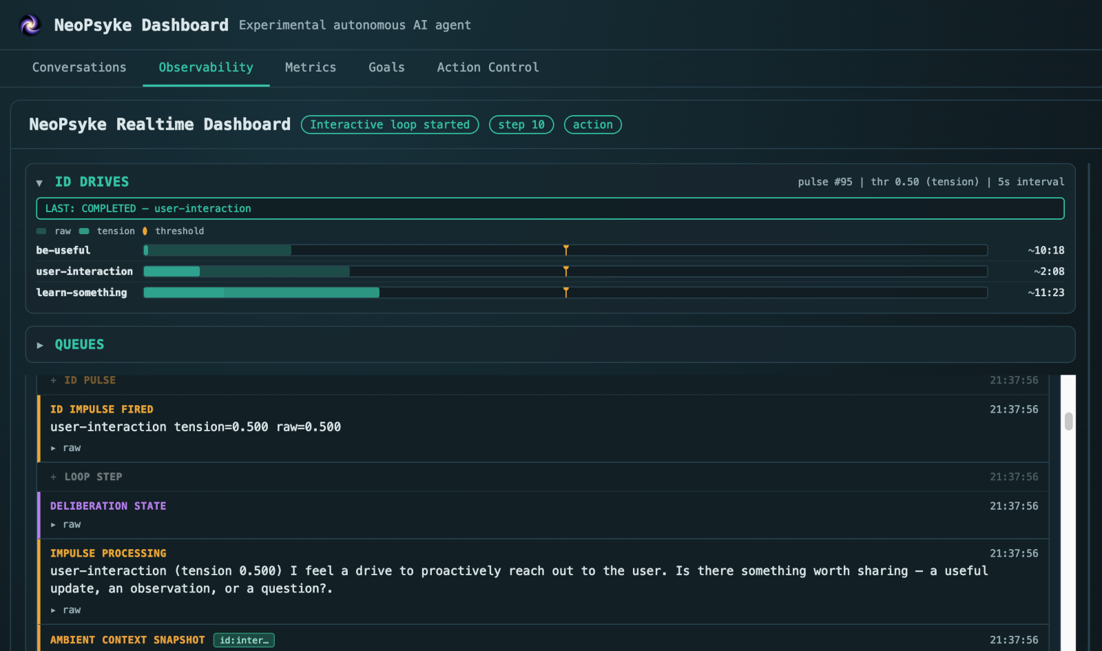 NeoPsyke local observability dashboard showing runtime state and event flow